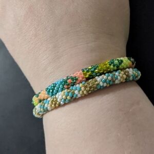 BLUE Multi Color Seed Bead Roll On Statement Bracelet - Set Of 2
